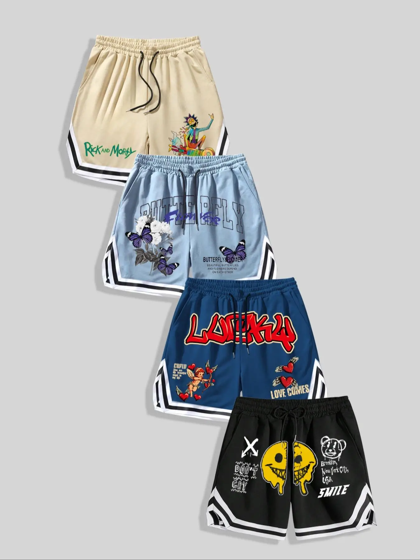 Men's Floral & Letter & Smile Face & Cupid Print Drawstring Waist Shorts, Regular Fit Casual Comfy Breathable Shorts, Men's Bottoms for Summer