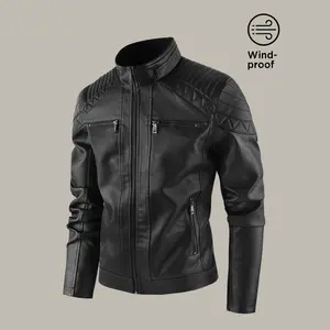 Men's Stand Collar Leather Jacket Motorcycle Lightweight Faux Leather Outwear Multi-pocket windproof leather jacket TikTokShopBlackFriday