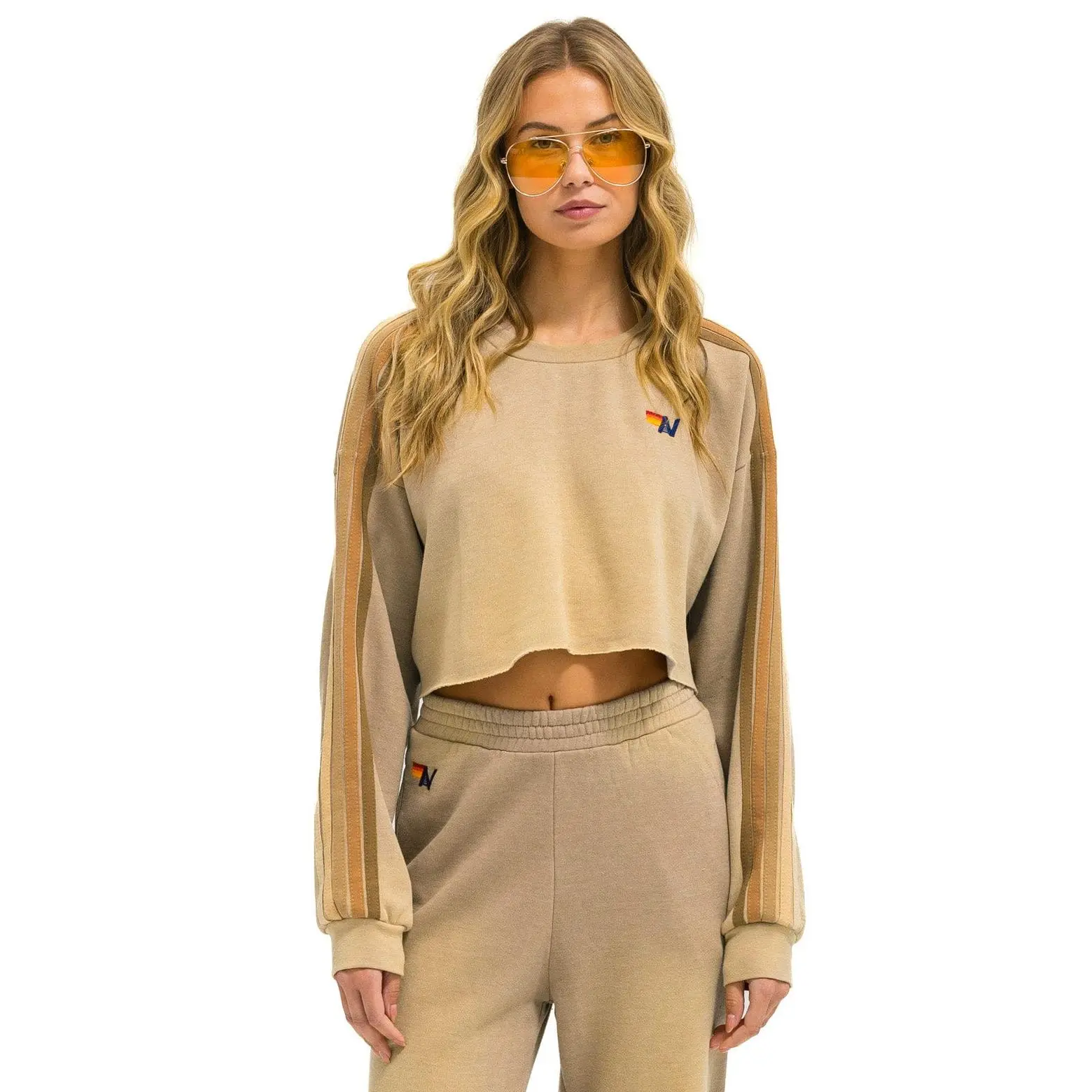 CLASSIC STRIPE CROPPED CREW SWEATSHIRT RELAXED - FADED TAN