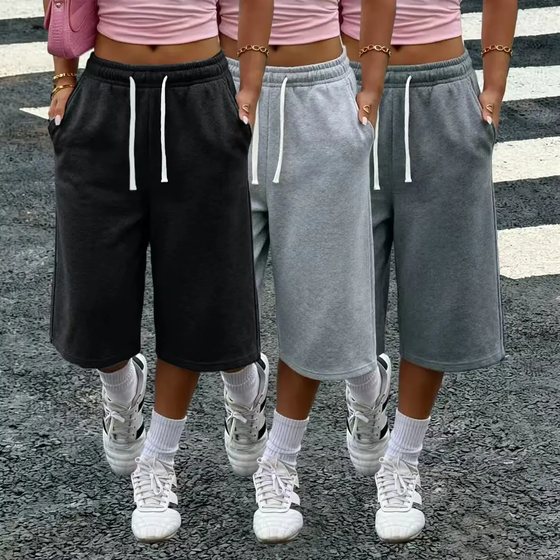 Women’s 1–3-pack solid-color three-quarter wide-leg loose pants — with pockets, elastic waistband, lightweight fleece fabric, summer casual basic pants — without pockets
