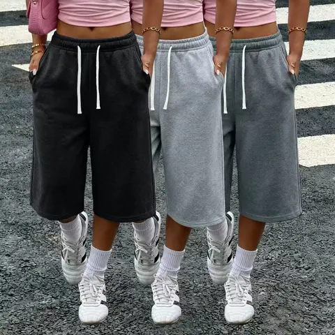 Women’s 1–3-pack solid-color three-quarter wide-leg loose pants — with pockets, elastic waistband, lightweight fleece fabric, summer casual basic pants — without pockets