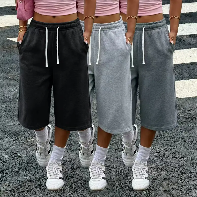 Women’s 1–3-pack solid-color three-quarter wide-leg loose pants — with pockets, elastic waistband, lightweight fleece fabric, summer casual basic pants — without pockets