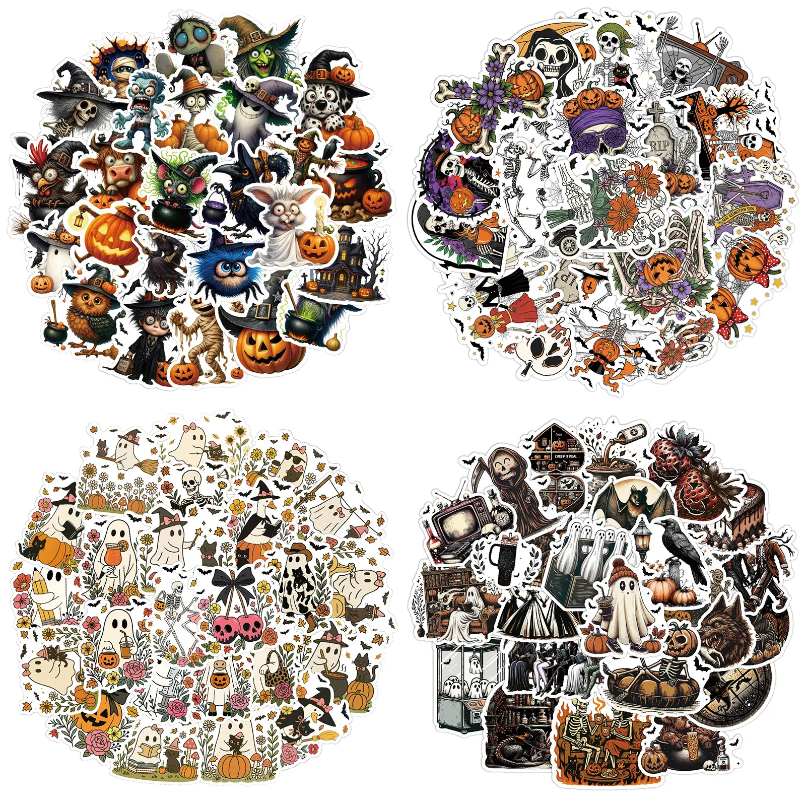 50/200 Pcs Halloween Stickers, Spooky Pumpkin Ghost Flowers Gothic Skeleton Stickers for Phone Cases, Laptops, Skateboards, Guitars, Luggage, Helmets Gift Decals