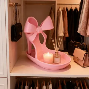 Elegant High Heel Jewelry Tray 3D Printed Decor | Bow Ring Holder, Pink Desktop Organizer, Shoe Display Stand for Rings Earrings Necklaces