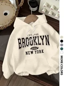 Women's Dropped Shoulder Long Sleeve Loose Hoodie with Letter Print, Fashion Casual Drawstring Pocket Sweatshirt, Womenswear Fall & Winter Outdoors Wear