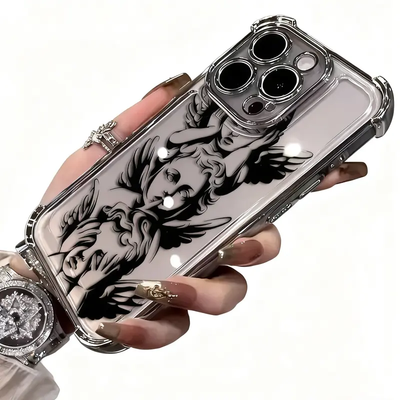 Electroplated TPU Cellphone Case with Black Angel Cupid Sacred Pattern - Shockproof Protective Casing, Drop-Proof, 4-Corner Guard, Transparent Layer, Exquisite Creative Phone Accessory for iPhone 11/12/13/14/15/16/17/18 PRO PLUS MAX AIR Devices