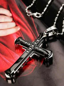 Luxury Rhinestone Cross Pendant Necklace, Unisex Guardian Necklace, Fashion Jewelry, Cool Design, Classic Accessory, Holiday Gift, Bling Necklace