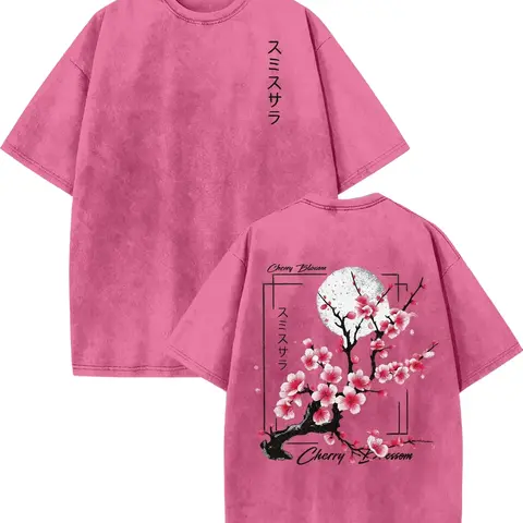 M Streetwear T-Shirt, Men's Short-Sleeve Acid-Washed Top with Japanese Cherry Blossom, Loose Distressed Knit Summer Fashion Apparel, Men's T Shirts, Streetwear Clothing, Graphic Clothing
