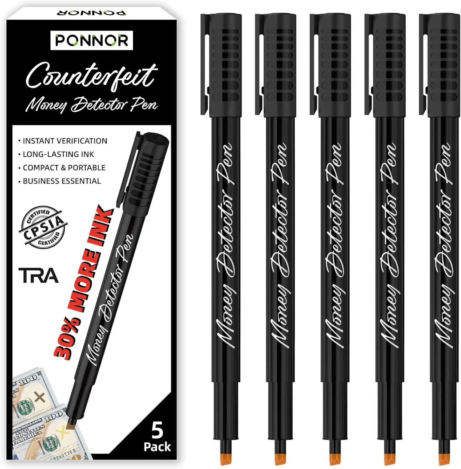 PONNOR Counterfeit Money Detector Pen  Bill Marker Universal False Currency Checker Cash Tester with 30% More Ink with Upgraded Chisel Tip for Personal & Commercial Use