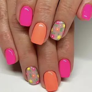Summer Vibrancy Flower Patch Nails Set, 24 short oval faux nails with glossy surface, featuring bright and colorful floral decorations. They fit comfortably and stay fixed for a long time. Suitable for daily and formal occasions. elegant pink minimalist