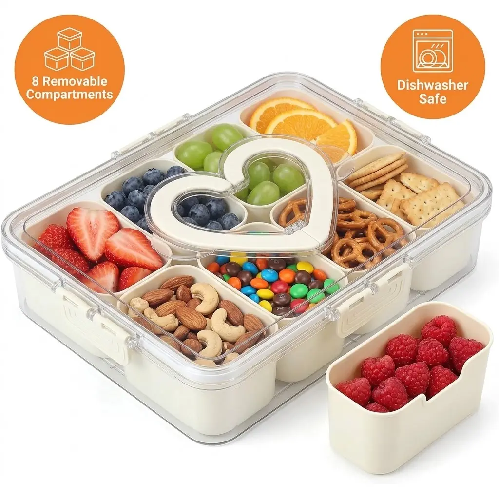 [Dishwasher Safe] 8 Compartment Snackle Box with Heart Handle, Portable Divided Snack Tray & Charcuterie Container for Road Trips