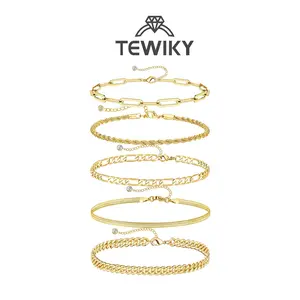Tewiky Greenish Spring Jewelry, Trendy Thin Dainty Stackable Cuban Link Paperclip Chain Bracelet Pack Fashion Accessories maximalist jewelry Bracelets for Women Waterproof,  Jewelry Sets Gift,Elegant Minimalist Bangle Gift