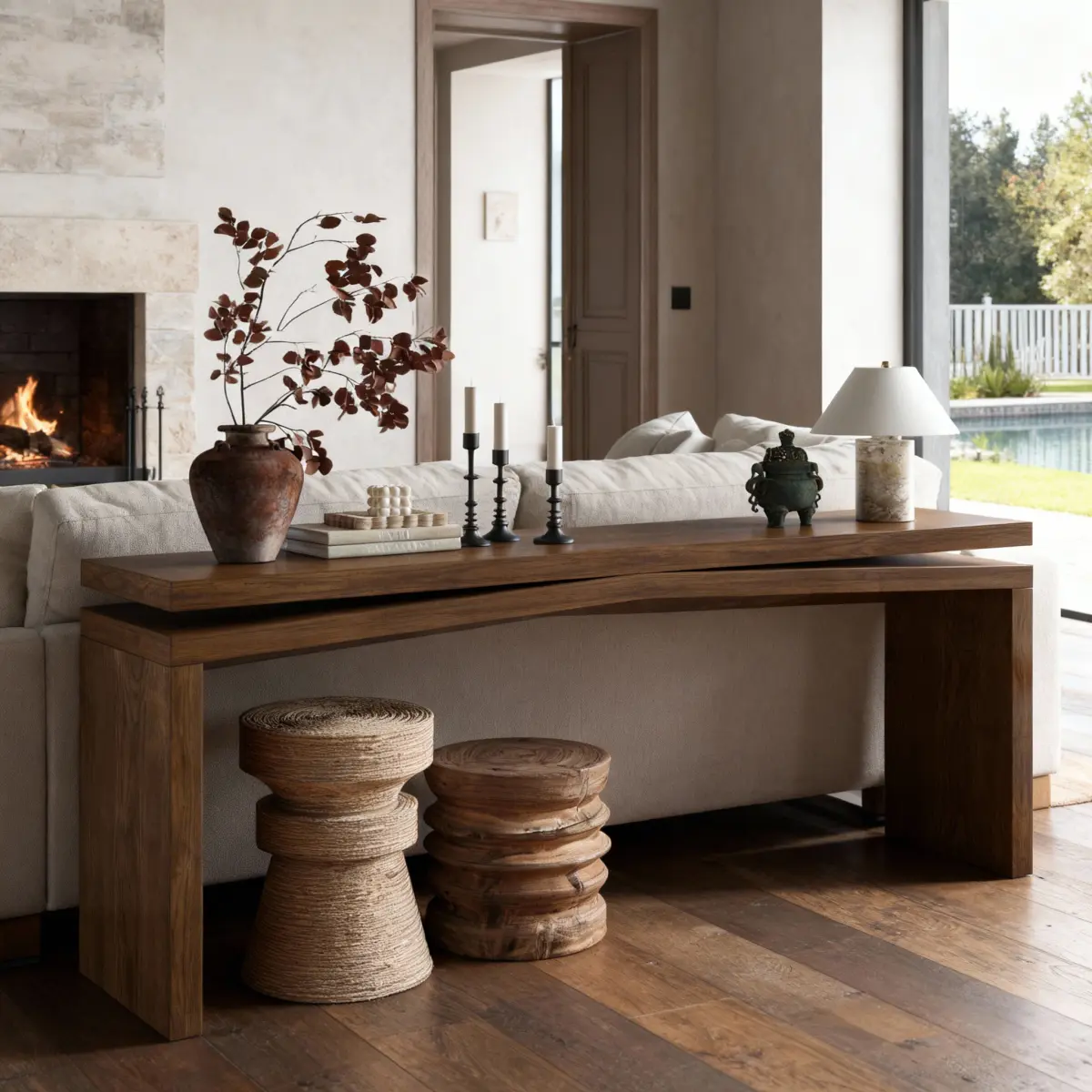65" Long Rectangle Solid Wood Veneer Farmhouse Console Table - Natural Grain, Split Sled Base, Antique Rustic Brown, 30.7in Height, 15in Width, 150+ lb Capacity, Against Any Wall Indoor Furniture for Entryway, Living Room, Entryway Table, 30.7 Inches Heig