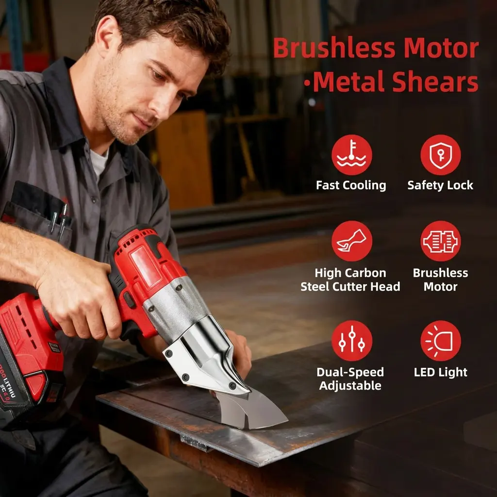 OJOYME 21V Cordless Rechargeable Brushless Motor Electric Scissors - High Carbon Steel Cutting Head, LED Light, Safety Lock, Dual-Speed Adjustment, Fast Cooling, ABS, Brass, Smooth Performance for Fabrics, Plastic, DIY Projects Power Tool, Dual-Speed Adju