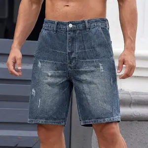 Men's Vintage Distressed Loose Fit Denim Shorts High Stretch Casual Streetwear Knee Length Jorts Summer Jeans Shorts