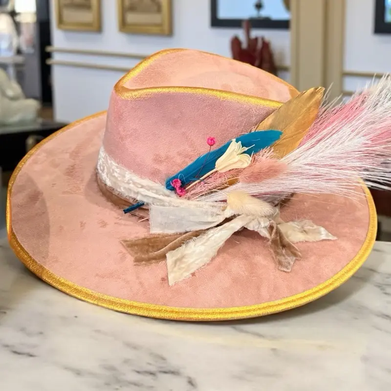 Boho Golden Prairie Wanderer Hat with Feathers and 