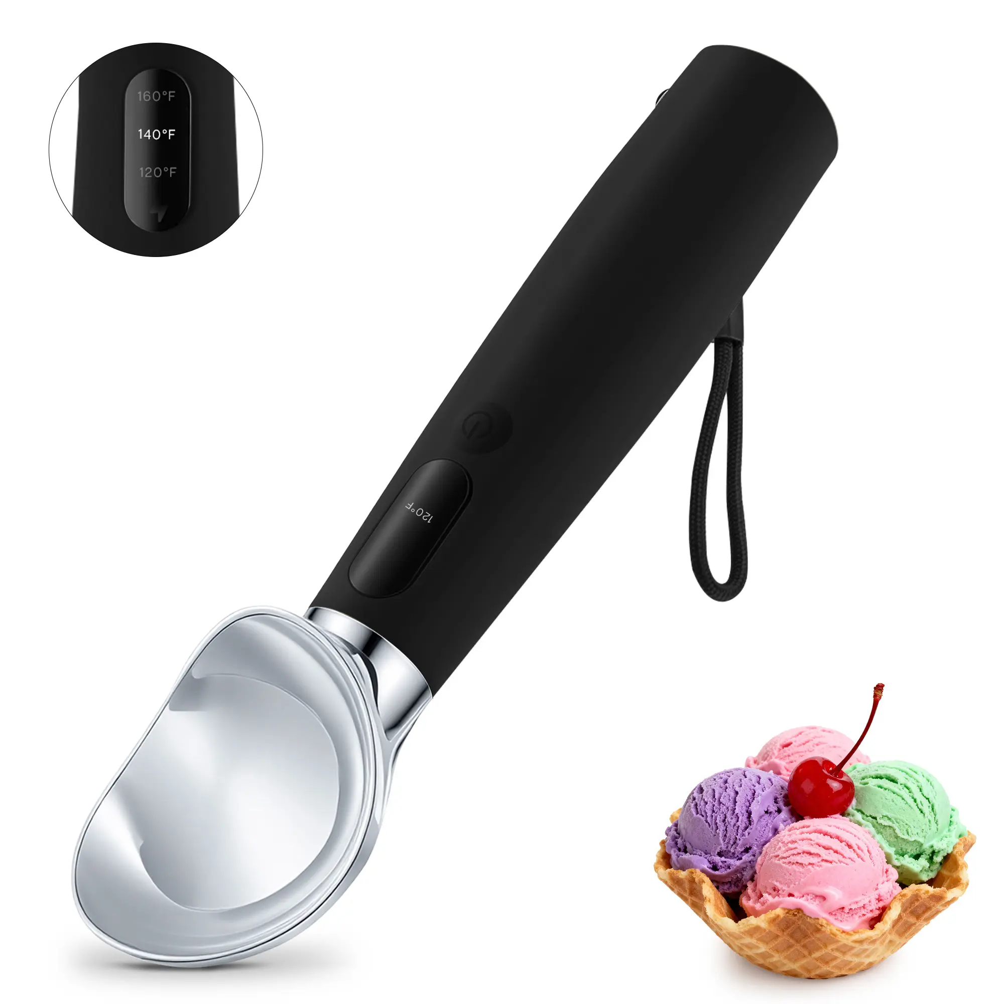 VRAIKO Stainless Steel Heated Ice Cream Scoop, Black, 3-Level Adjustable Heats (120/140/160°F), LED Display, 2600mAh Rechargeable Kitchen Utensil for Perfect Scoops