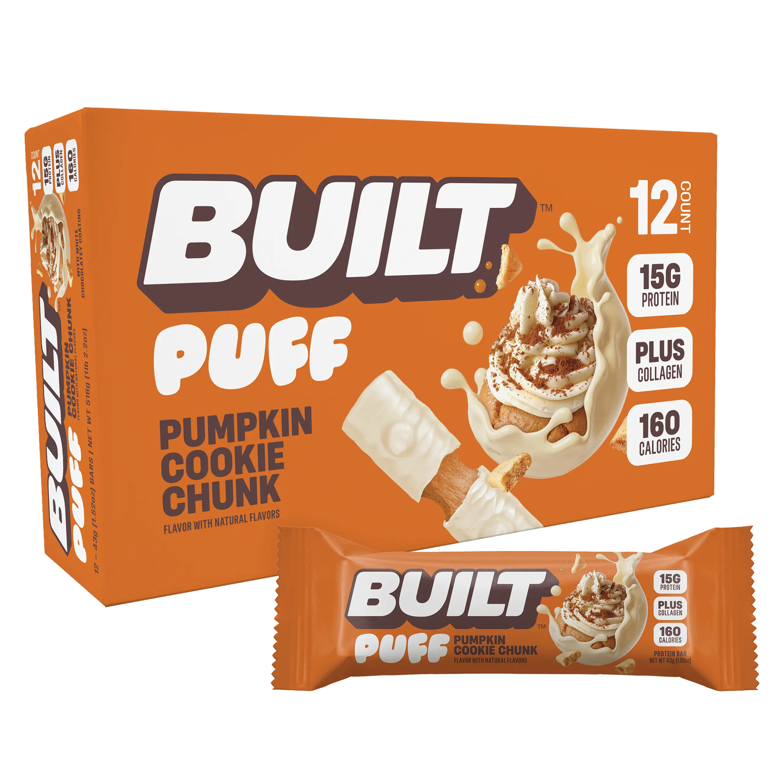 BUILT Bar Puff Protein Bar, Pumpkin Cookie Chunk, Protein Packed Snack, Collagen, 160 calories, Not Gluten Free, 12 Count Box