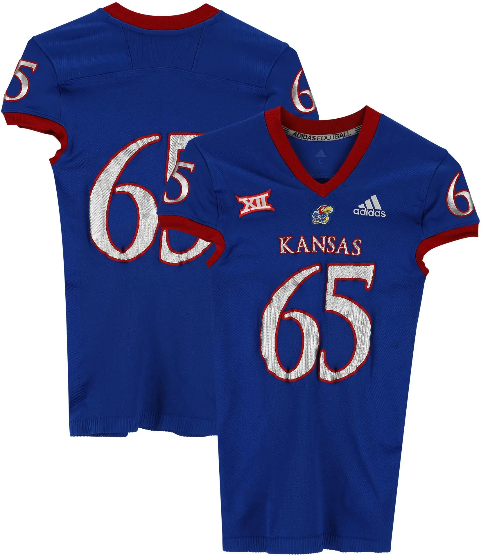 Kansas Jayhawks Team-Issued #65 Blue Jersey from the 2018-21 NCAA Football Seasons - Size L - Fanatics Authentic Certified