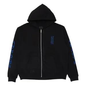 Women's Chrome Hearts Casual Long-Sleeve Hooded Sweatshirt - Vertical Logo, Zip-Up, Thermal-Lined, Black and Blue Women's Top