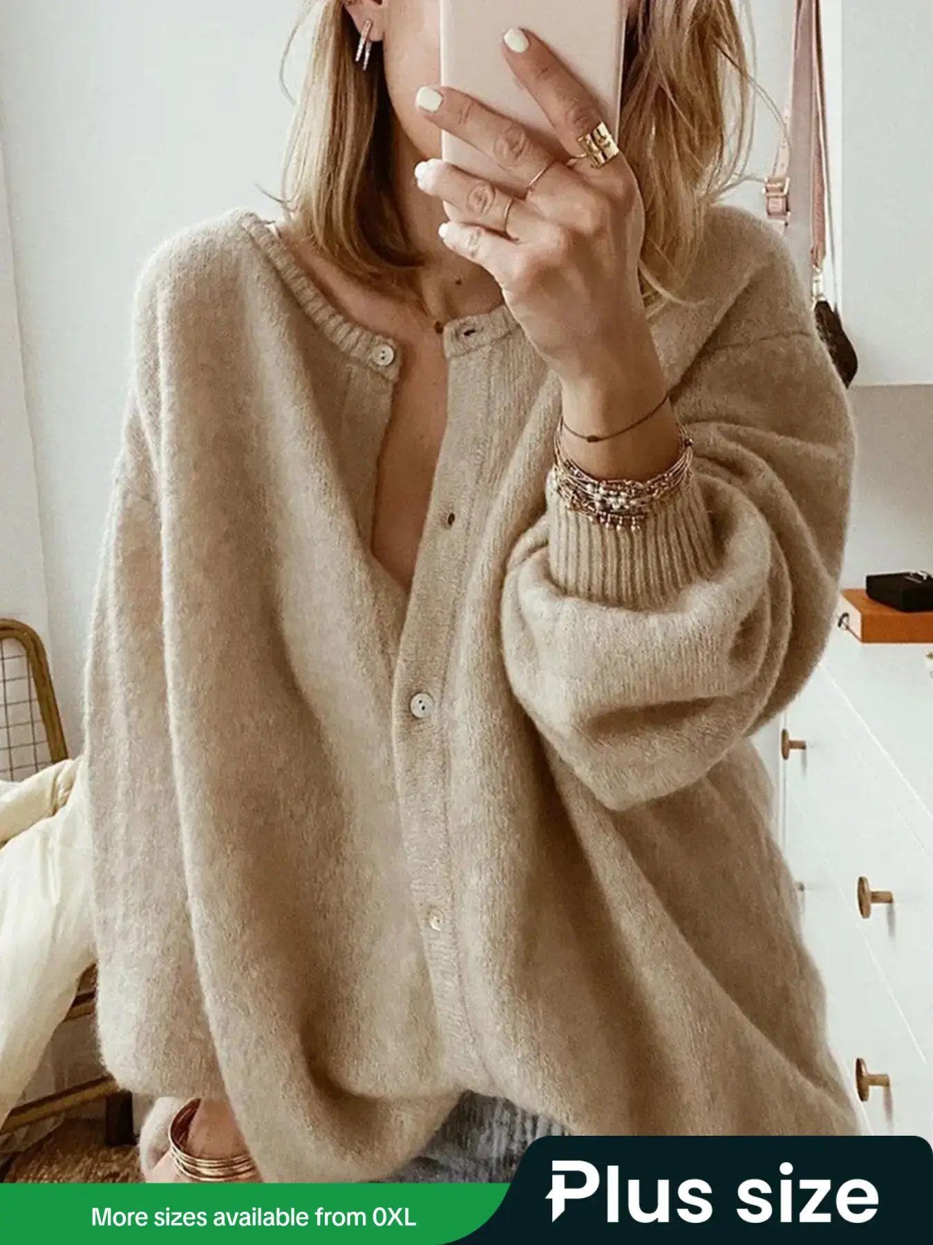 Women's Fall Winter Button Front Sweater Coat Cardigan, Plain Round Neck Lantern Sleeve Jacket, Fashionable Comfortable Outerwear for Cold Weather