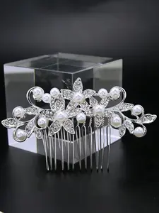 Silver Crystal Rhinestone Bride Wedding Hair Comb Pearl Bridal Hair Piece Flower Hair Accessories Floral Hair Accessories for Women and Girls Elegant style Gift for Girl Lady Mom