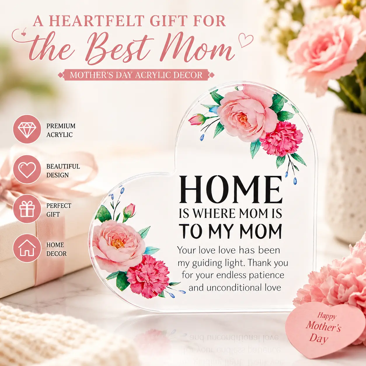 Thickened 1.5cm Heart Shaped "I Love You, Mom" Acrylic Block – Mother's Day Gift from Daughter/Son. Birthday, Christmas Decor for Moms. Clear Heart Keepsake for Mother.