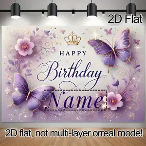 1PC,2D Flat Backdrop Birthday Decor Backdrop, Purple Butterfly & Flower Themed Party Background, Customizable Name Birthday Banner, Romantic Dreamy Style Birthday Decoration Backdrop