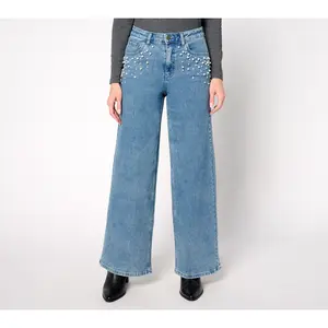 Me by Jennie Garth Indigo Reg Wide Leg Jean with Pearl Detail Me by Jennie Garth Indigo Reg Wide Leg Jean with Pearl Detail