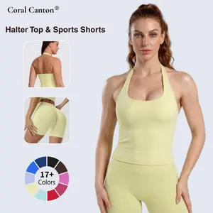Coral Canton 2-Piece Halter Top & Sports Short Stretchy Suit Set, Sporty Style Outfits for Yoga Gym Outfits, Workout Gym Clothing & Training Clothes Sportswear Set Athletic Fashion Activewear