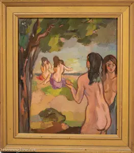 Fine Don Totten Oil Painting of Female Bathers on Beach 1947, Colorful & Rare