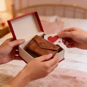 This handmade retro wallet holds coins cards and cash with its built-in money clip. Compact and space-saving. The top Valentine‘s gift for him or her.