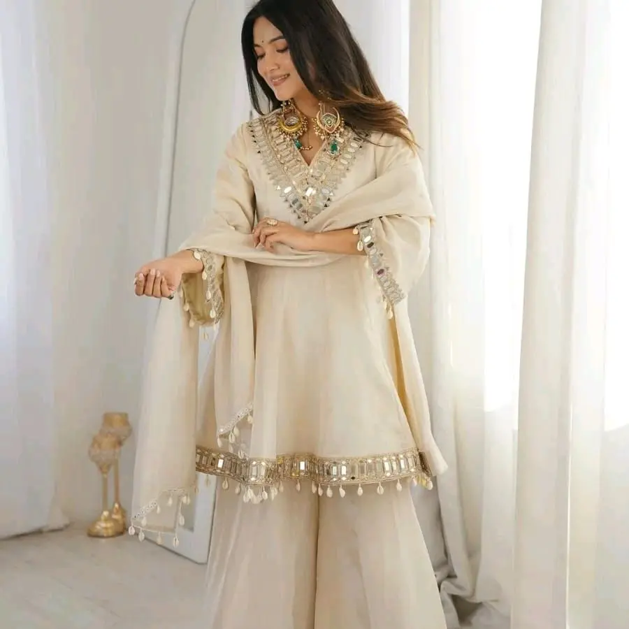 Cream Mirror Work Sharara Suit with Shell Embellishments