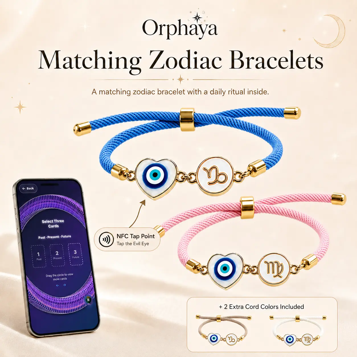 Orphaya Matching Zodiac Bracelets, Modern Unisex Evil Eye Graphic Set for Couples with NFC Daily Horoscope & Tarot Reading, Mother of Pearl Charm, Adjustable Cord for Everyday Wear, Evil Eye Graphic Bracelets & Bangles, Eye Symbol Bracelets & Bangles