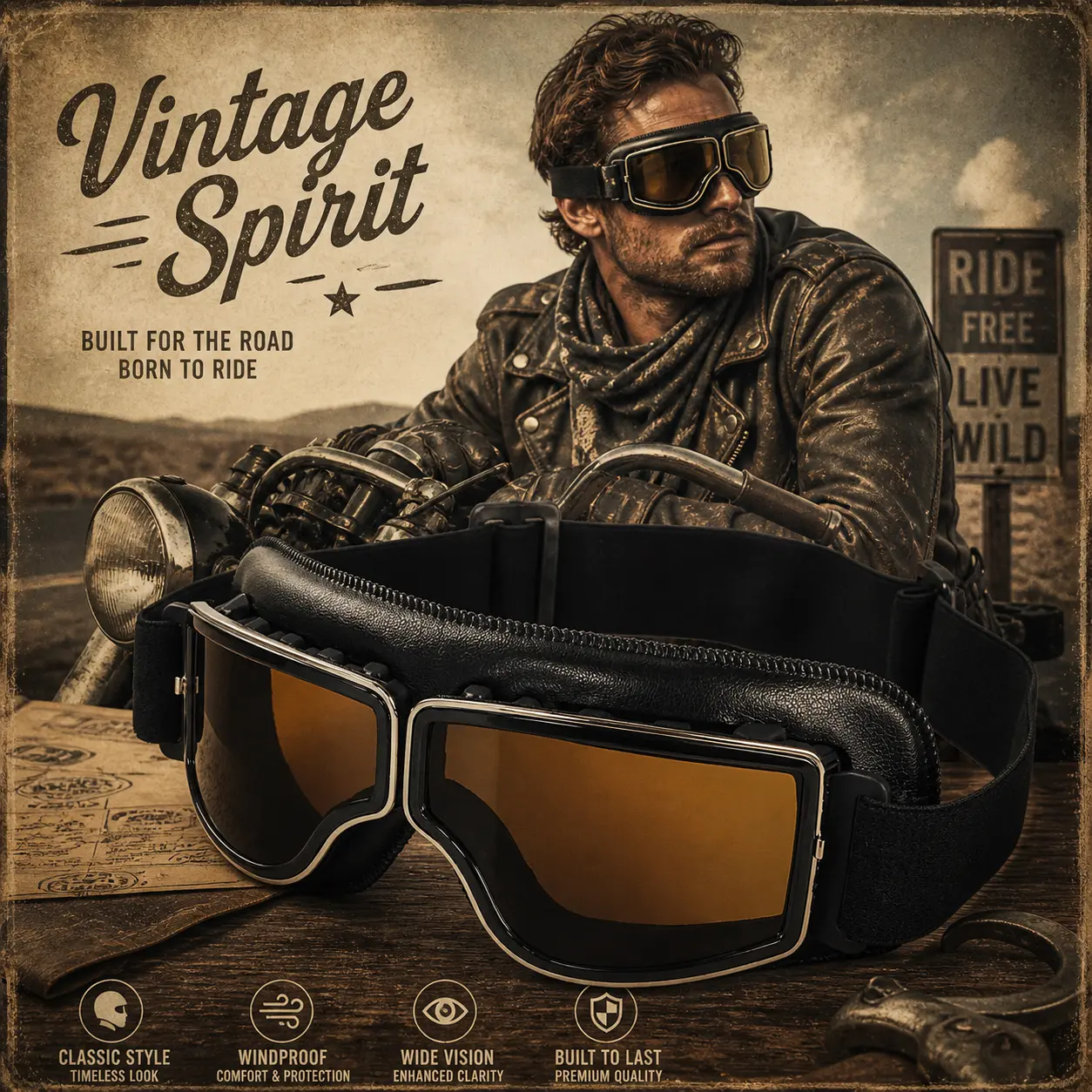 Born for Harley Riders Retro Motorcycle Goggles Vintage Style Road Ready Protection for Harley Cruiser Cafe Racer Classic Bikes Riding Glasses
