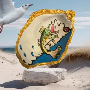 Large Hand Painted Oyster Shell with Fish and Hook, Decorative Design, Featuring Colorful Artwork Gift Table Hanging Trinket Ornaments Hangable