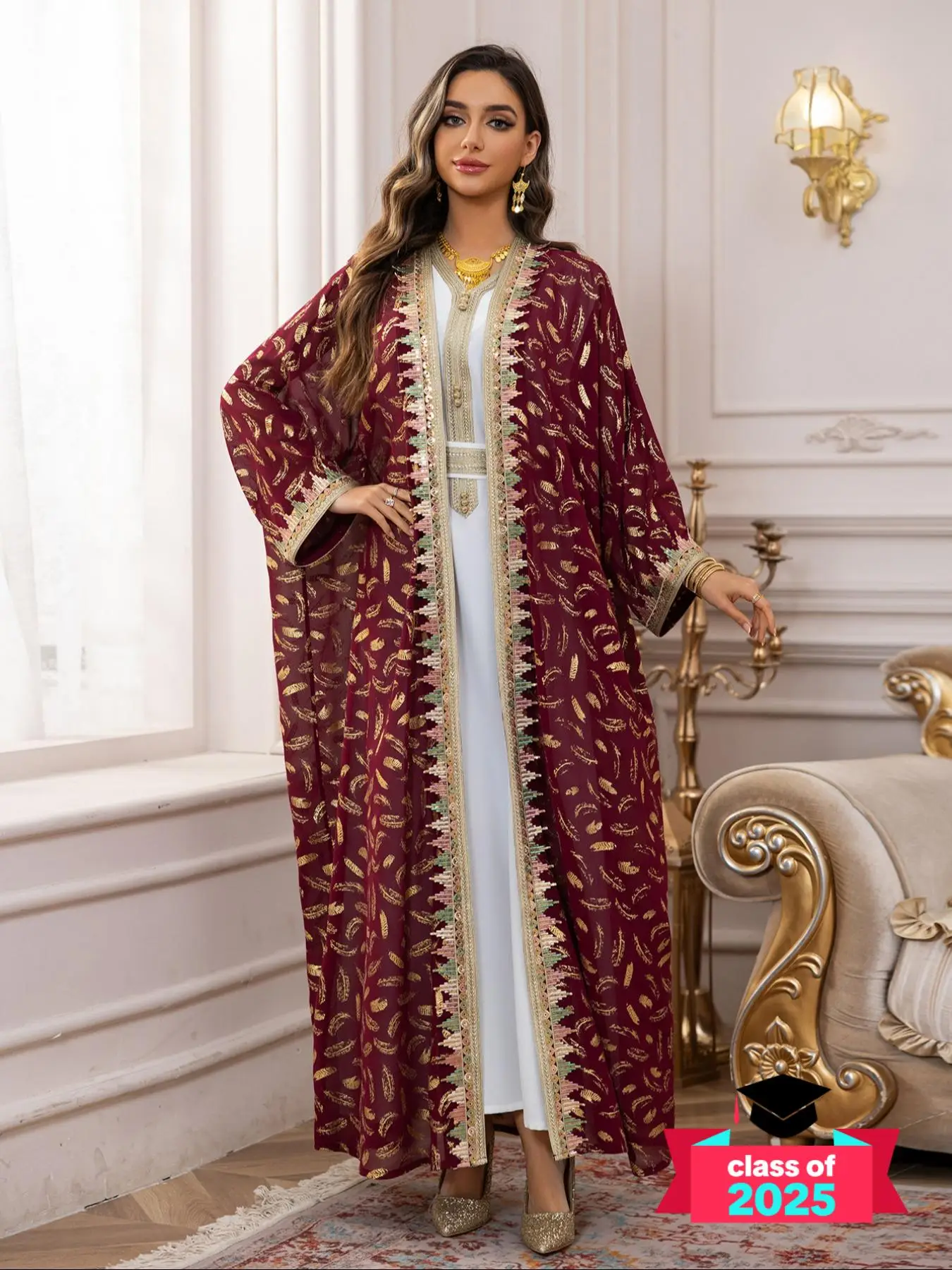 Women's Plain Embroidered Chiffon Abaya without Hijabs, Elegant Long Sleeve Open Front Modesty Abaya for Party Holiday, Ladies Islamic Clothing for Al