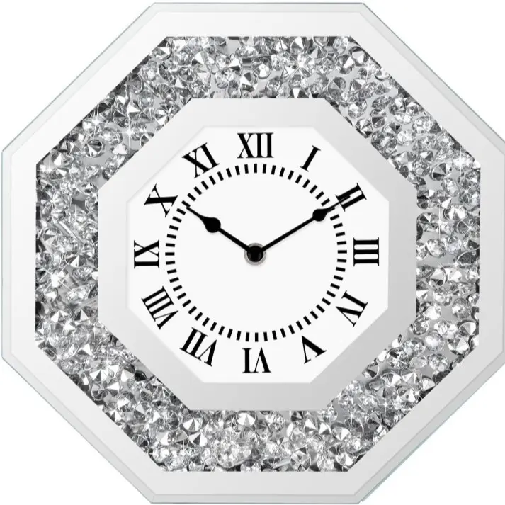 12 Inch Mirrored Wall Clock, Silver Crystal Octagon Silent Quartz Clock for Living Room Bedroom Home