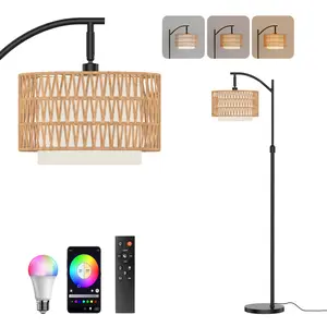 DEMILARE  Bohemian Y/Fishing  Floor Lamp, Rattan LED Sofa Lamps, Tri-Color Temperature Adjustable High Lamp with Foot Switch and Remote Control Arc Floor Lamp for Living Room,  Office Dimmable RGB Bulb Included,living room decor,  SpringGlowUp