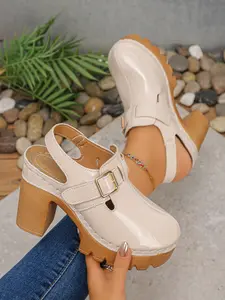 Ladies' fashionable high-heeled sandals, casual faux leather casual shoes, comfortable PU leather summer shoes, fashionable daily wear, casual thick soled sandals