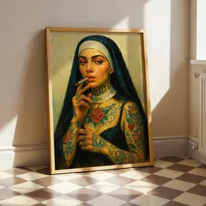 Tattoo Art Print, Tattooed Nun Traditional Artwork, Edgy Smoking Woman Wall Art, Neo-Traditional Ink Poster