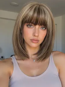 12 Inch Bobo Head Wig with Bangs, Deep, High-Light Synthetic Fiber, Large Scalp Design, Natural Look, Easy Care, Straight Bob Wig