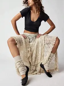 Women's Plain Woven Tiered Layer Asymmetrical Design Lace Skirt, Boho Fashion Casual Beachwear Skirt for Beach Holiday Vacation, Ladies Bottoms for Summer