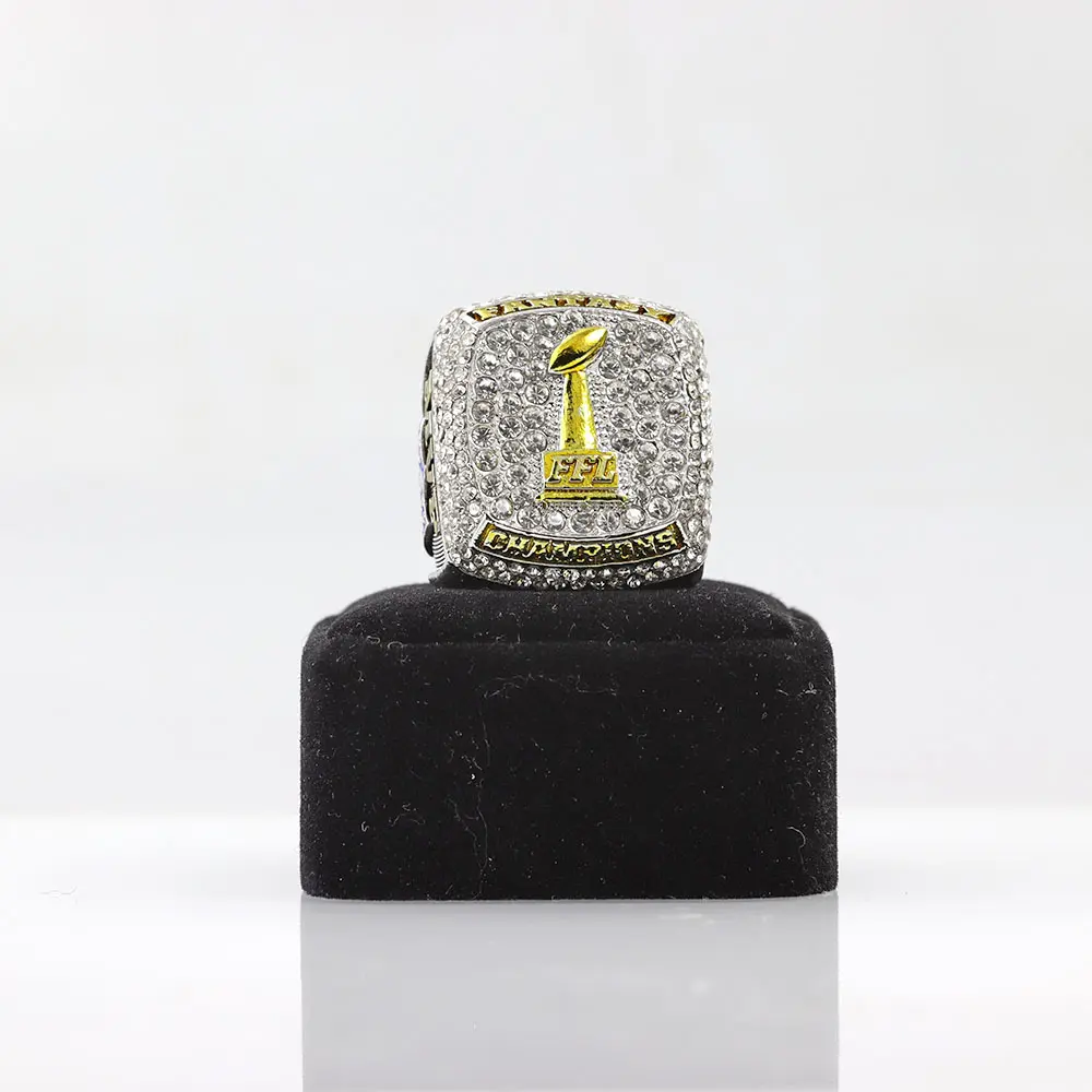2025 MVP Fantasy Football Championship Ring - Full Silver, Gold Trophy Player & MVP Side Details - Collector Costume Jewelry Ring for Football Fans