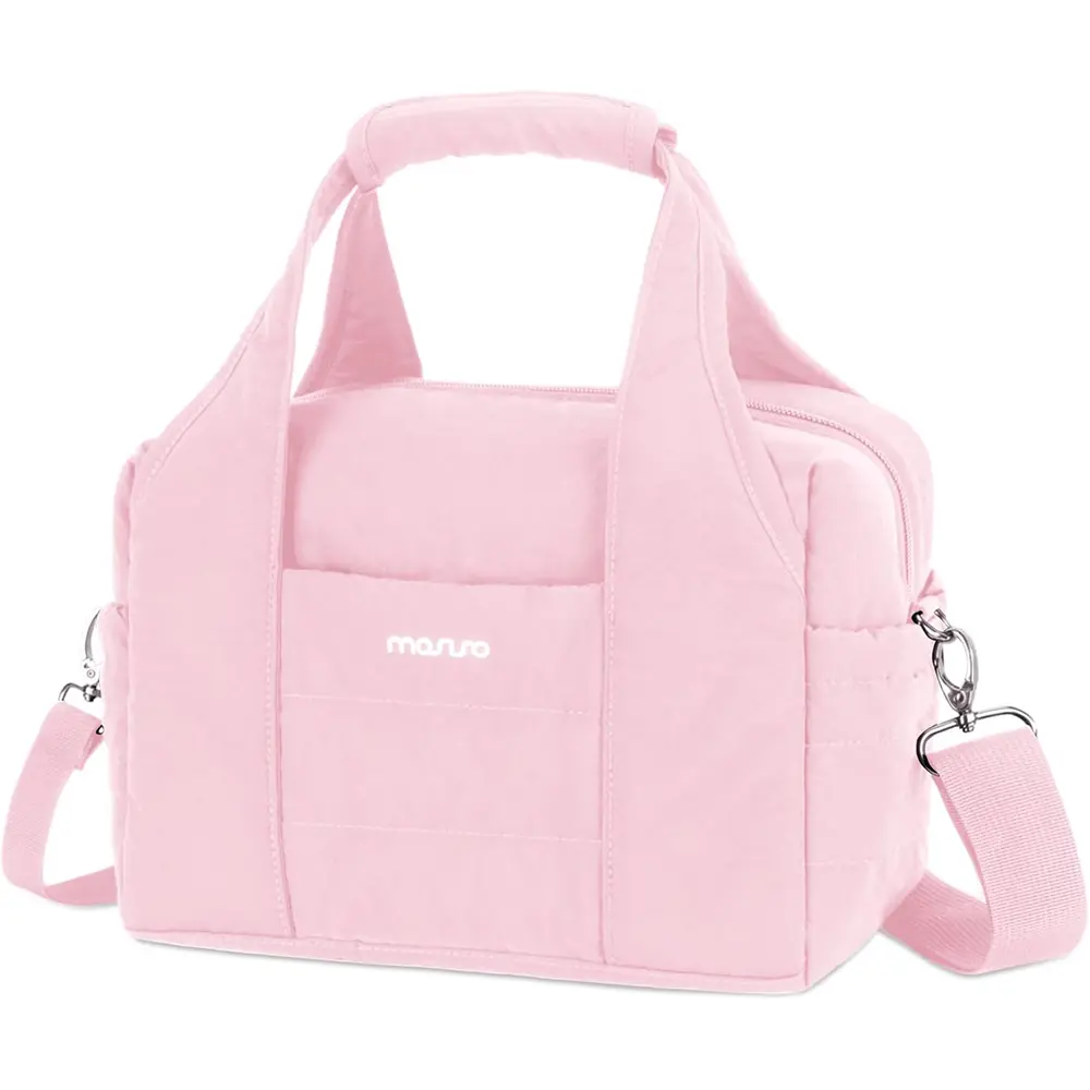 MOSISO Women's Soft Quilted Puffer Insulated Large Cooler Lunch Bag - Zip Closure, Front Buckle Pocket, Handle & Shoulder Strap for Work, Picnic (Pink) | On-the-Go Lunch Bags for Women, Large Cooler Lunch Bags