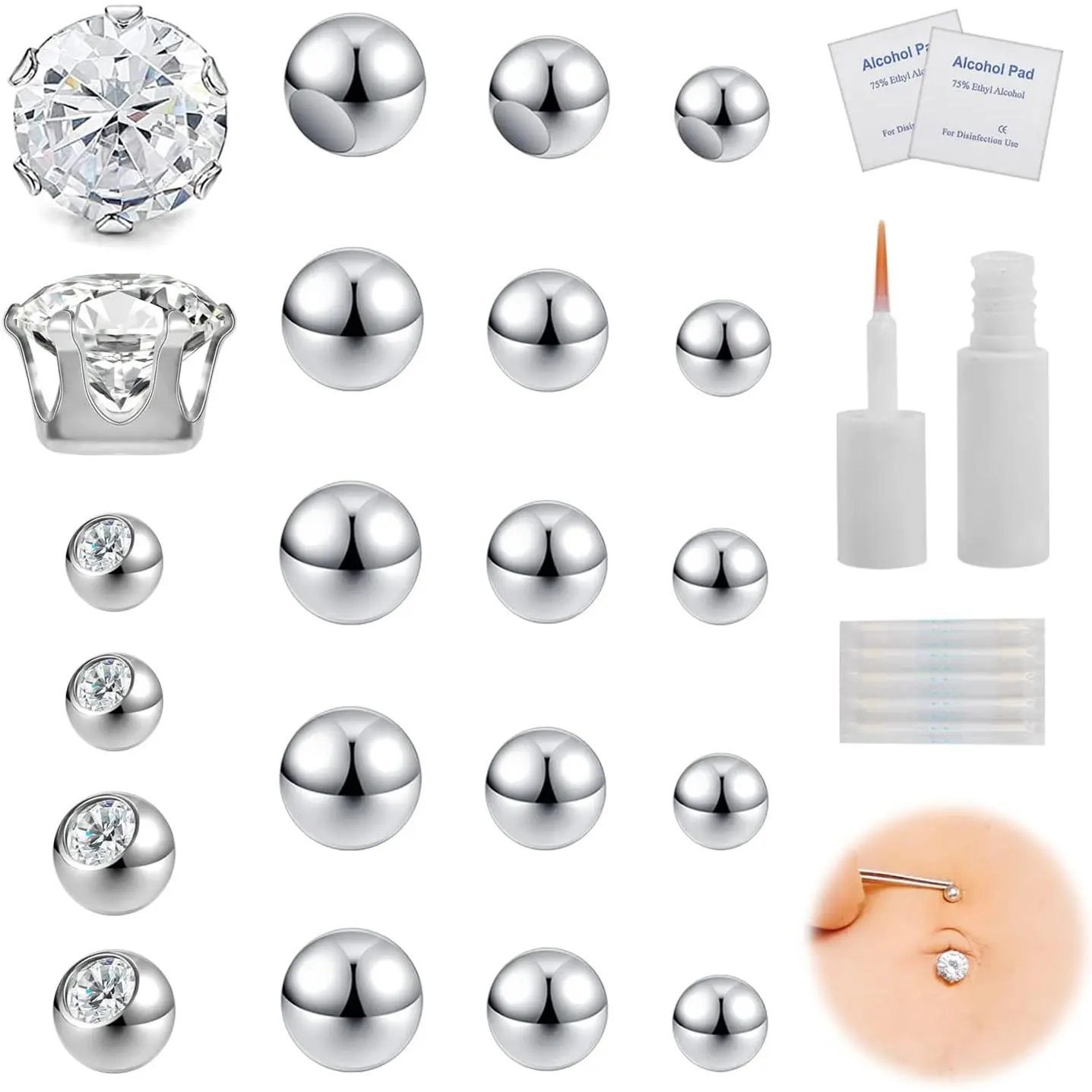 21Pcs Fake Belly Button Rings 8mm 10mm CZ with Eyelash Glue, Fake Eyebrow Rings Nose Lip Labret Studs Replacement Ball, Non-Piercing Body Jewelry Fake Skin Piercing