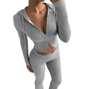 Women's Knitted Two-Piece Casual Set, Zipper Hoodie + High-Waisted Leggings, Loose Jogger Pants for Autumn and Winter, Home Leisure Set