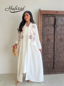 Hafizah Coconut Tree Embroidered Long Outercoat, Loose-Fitting Pocket Design, Elegant Lightweight Women's Jacket Robe for All Seasons
