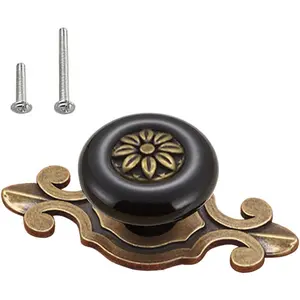 10 Pack Retro Ceramic Knobs, Dresser Kitchen Petal Cabinet Pulls Zinc Alloy Base  Plate  Cupboard Wardrobe Drawer Door Handles,Bronze+Black