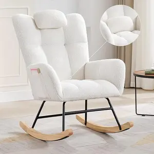 Upholstered Nursery Rocking Chair Modern Stuffed Fleece Recliner with Padded Seat & High Backrest Comfy Accent Armchair